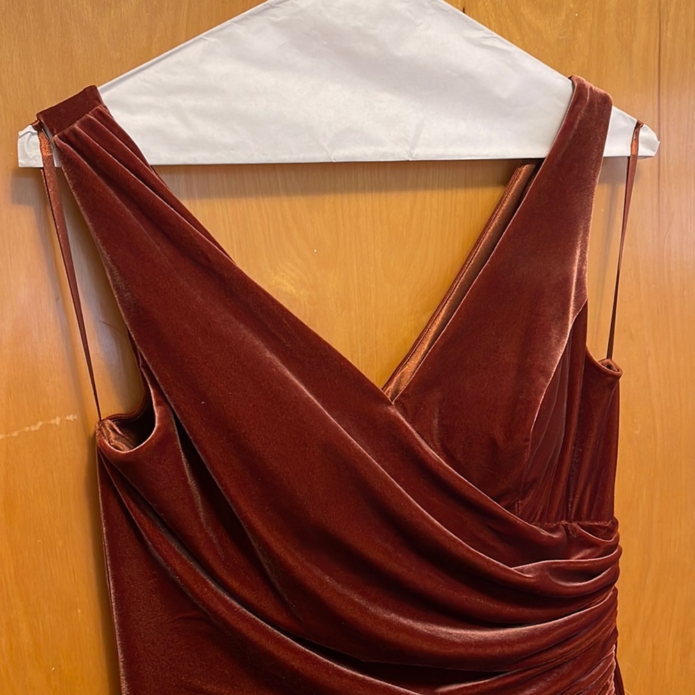 Revelry bridesmaid dress, velvet, terracotta